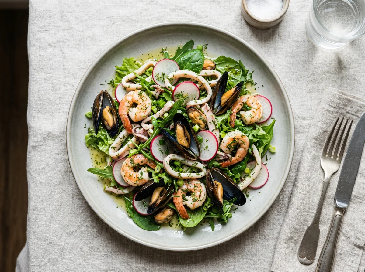 Салат с морепродуктами и редисом photo