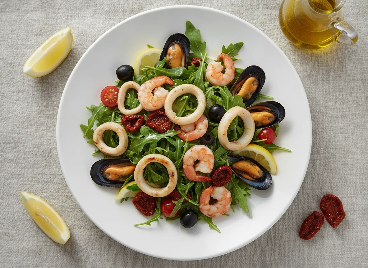 Салат с морепродуктами и руколой photo