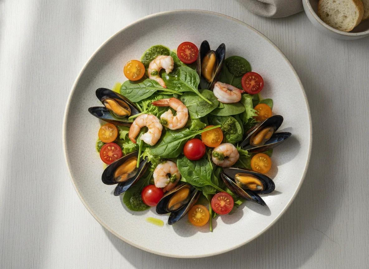 Салат с морепродуктами и томатами черри photo