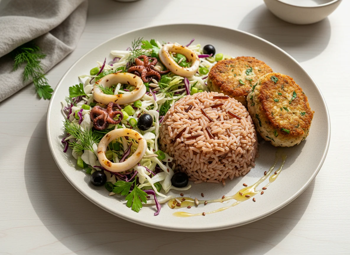 Салат с морепродуктами, котлеты и бурый рис photo