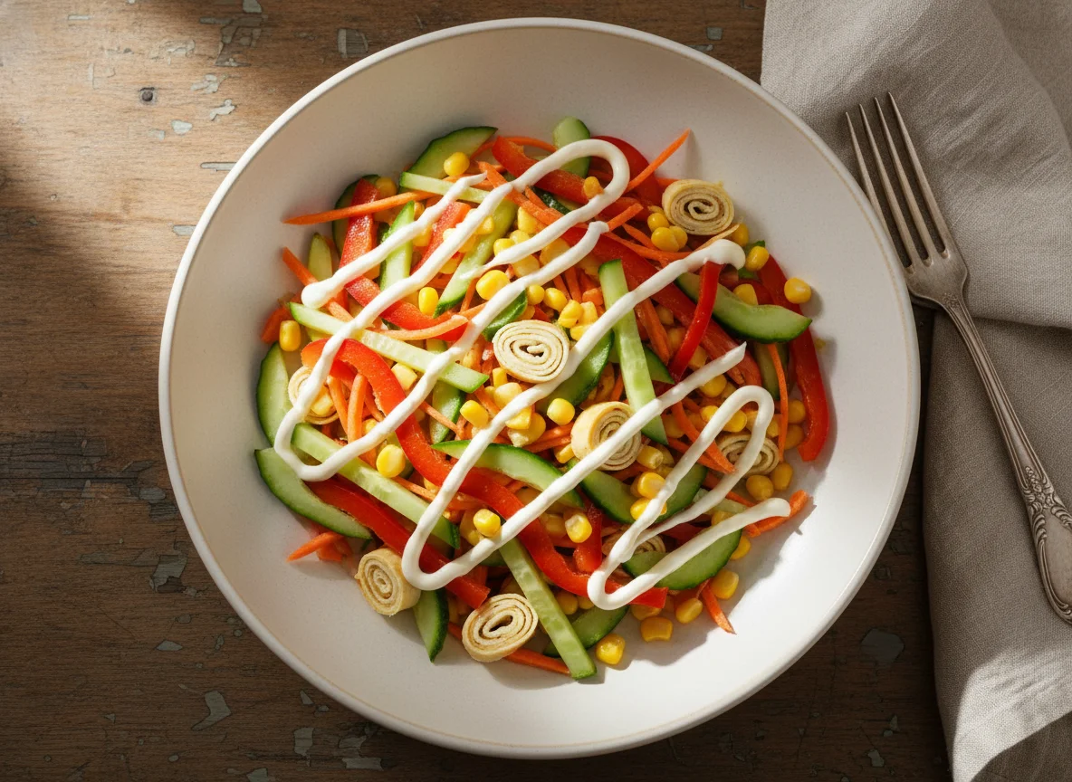 Салат с морковью, огурцом, перцем, кукурузой и яичными блинчиками photo