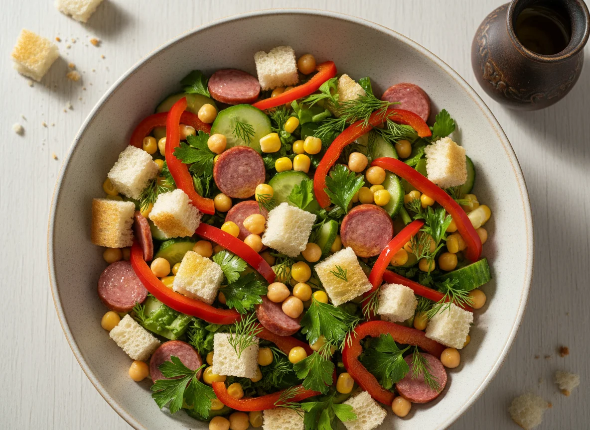 Салат с нутом, овощами и хлебом photo