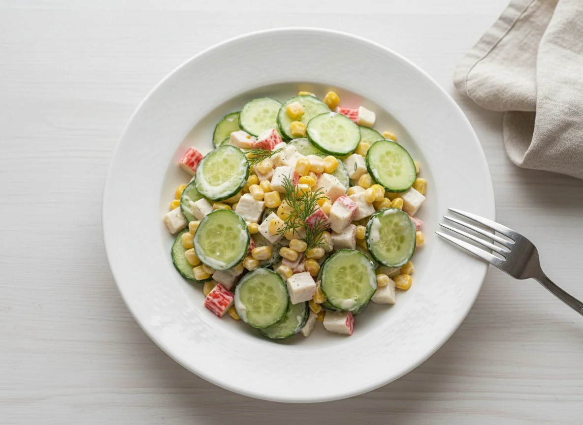 Салат с огурцами, кукурузой и крабовыми палочками photo
