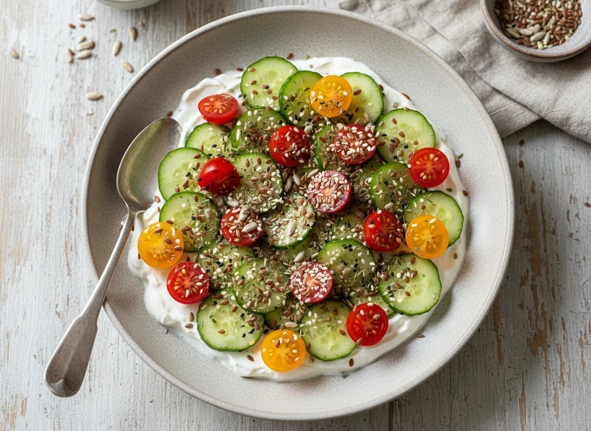 Салат с огурцами, помидорами, йогуртом и семенами photo