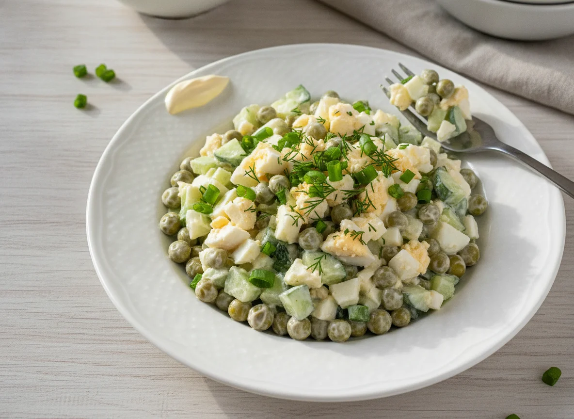 Салат с огурцом, яйцом и горошком photo