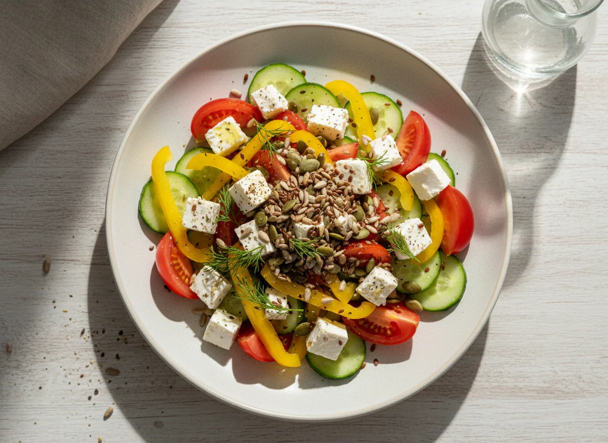 Салат с овощами, фетой и семечками photo