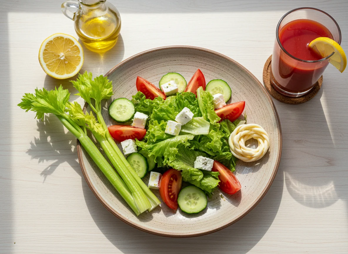 Салат с овощами и сыром, сельдерей, сыр-косичка и напиток photo