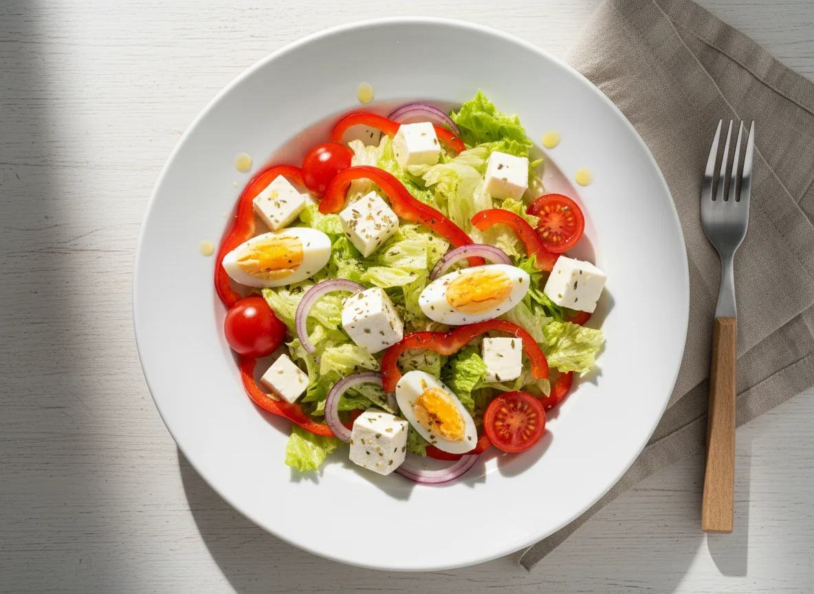 Салат с овощами, сыром и яйцом photo