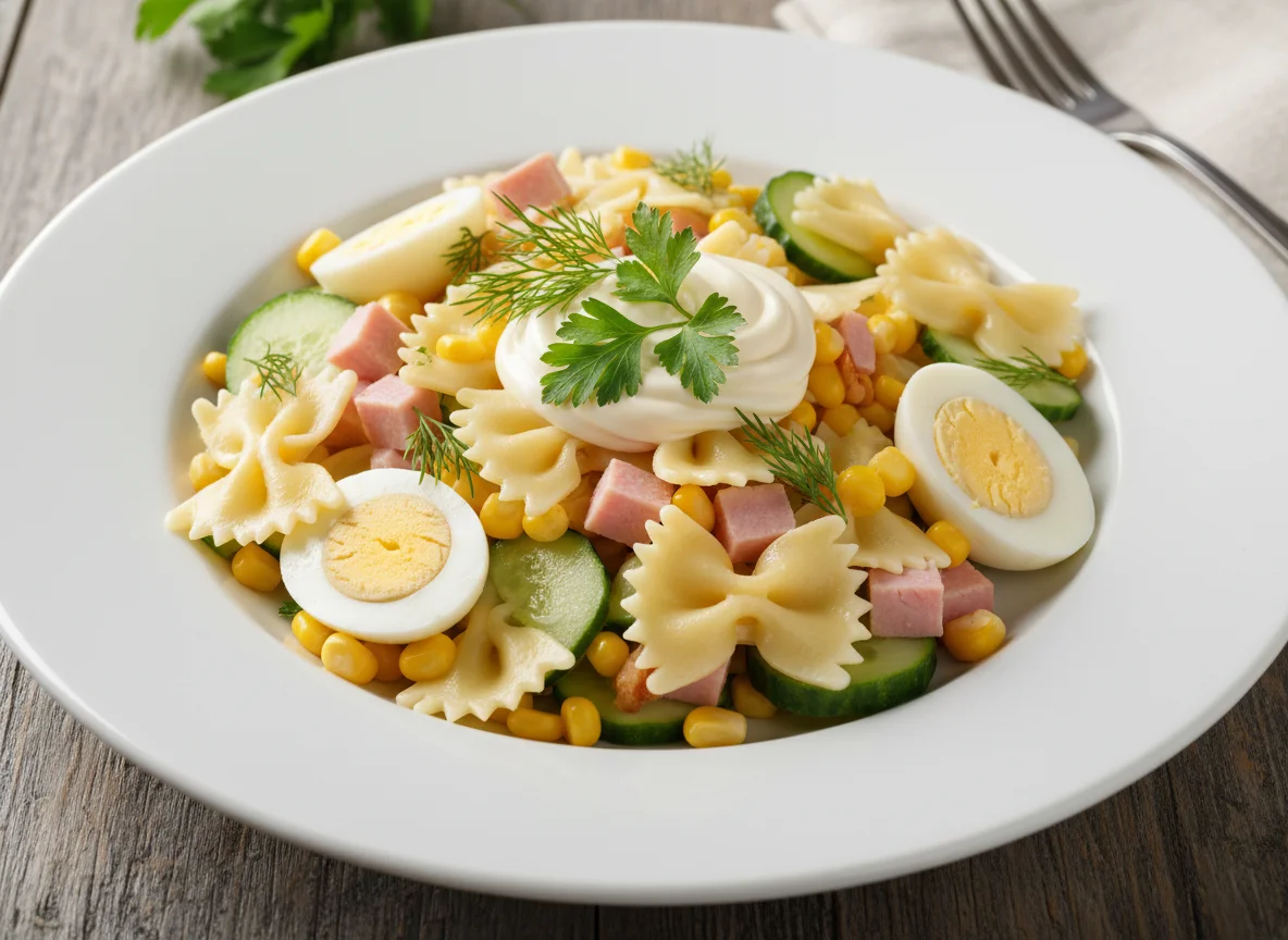 Салат с пастой фарфалле, ветчиной, кукурузой и яйцом photo