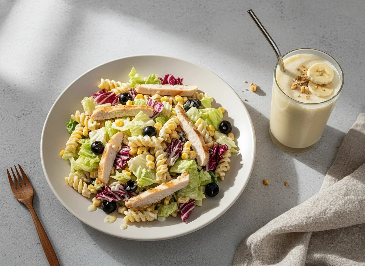 Салат с пастой и протеиновый напиток photo