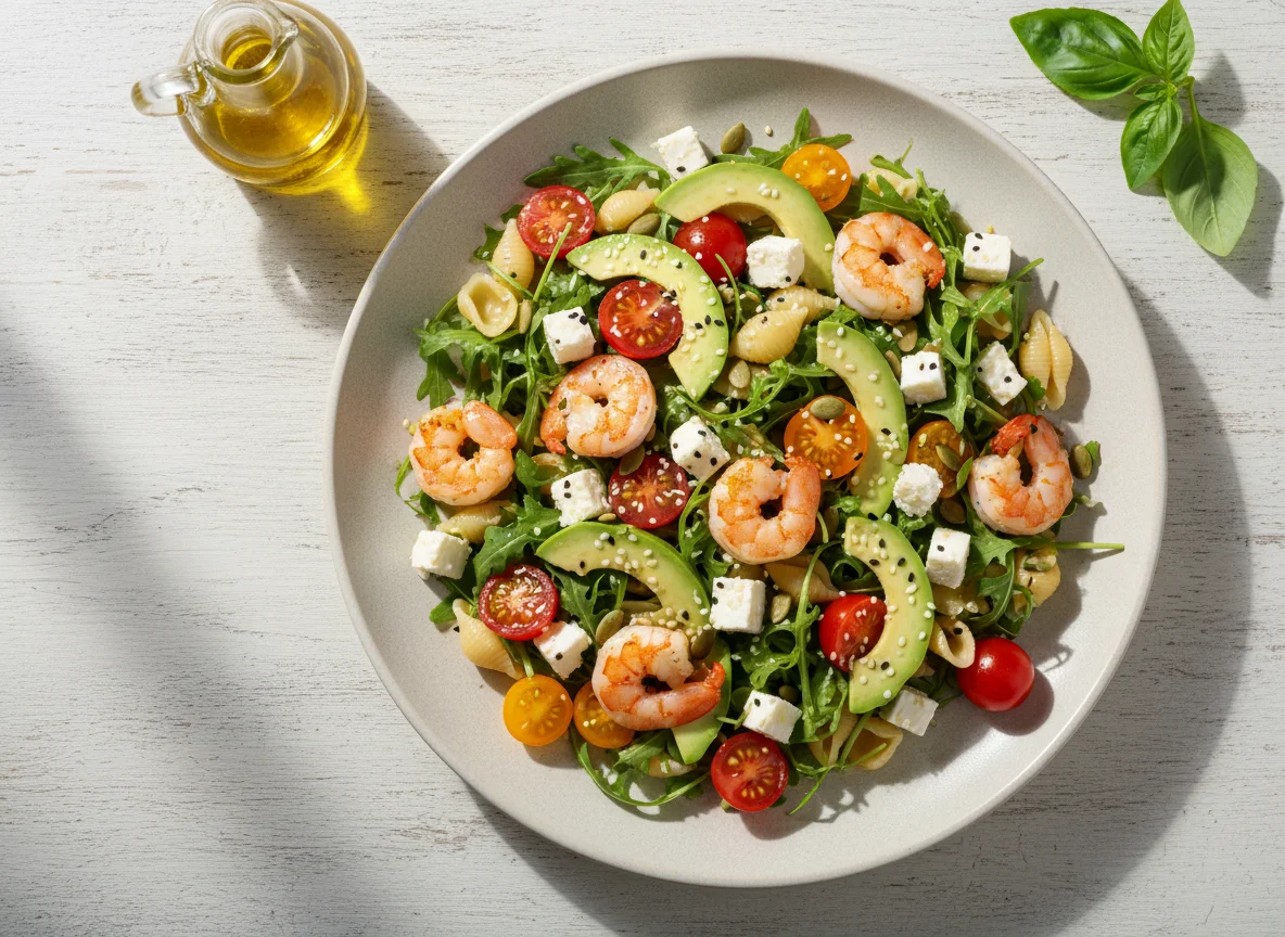 Салат с пастой, креветками и авокадо photo