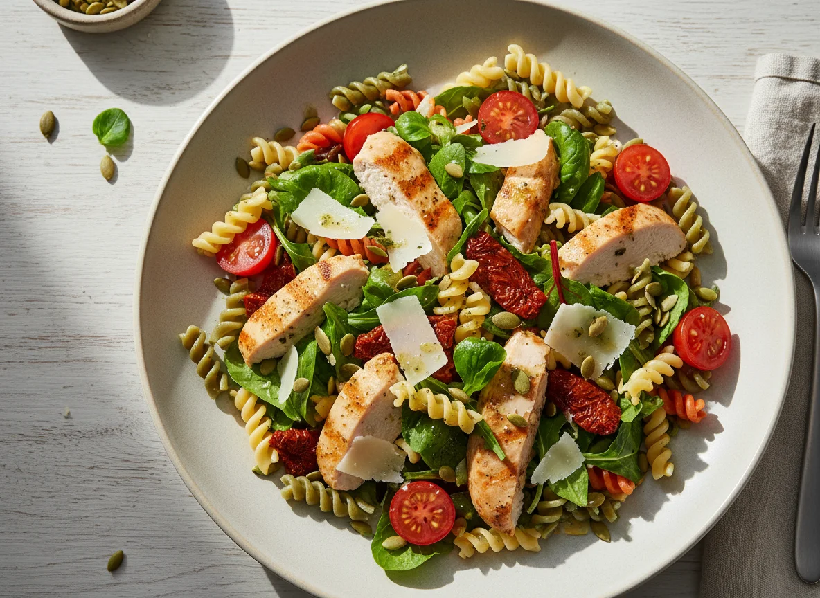 Салат с пастой, курицей и овощами photo