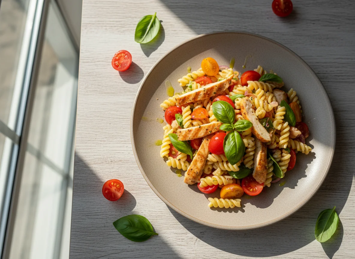 Салат с пастой, курицей, помидорами и сухариками photo