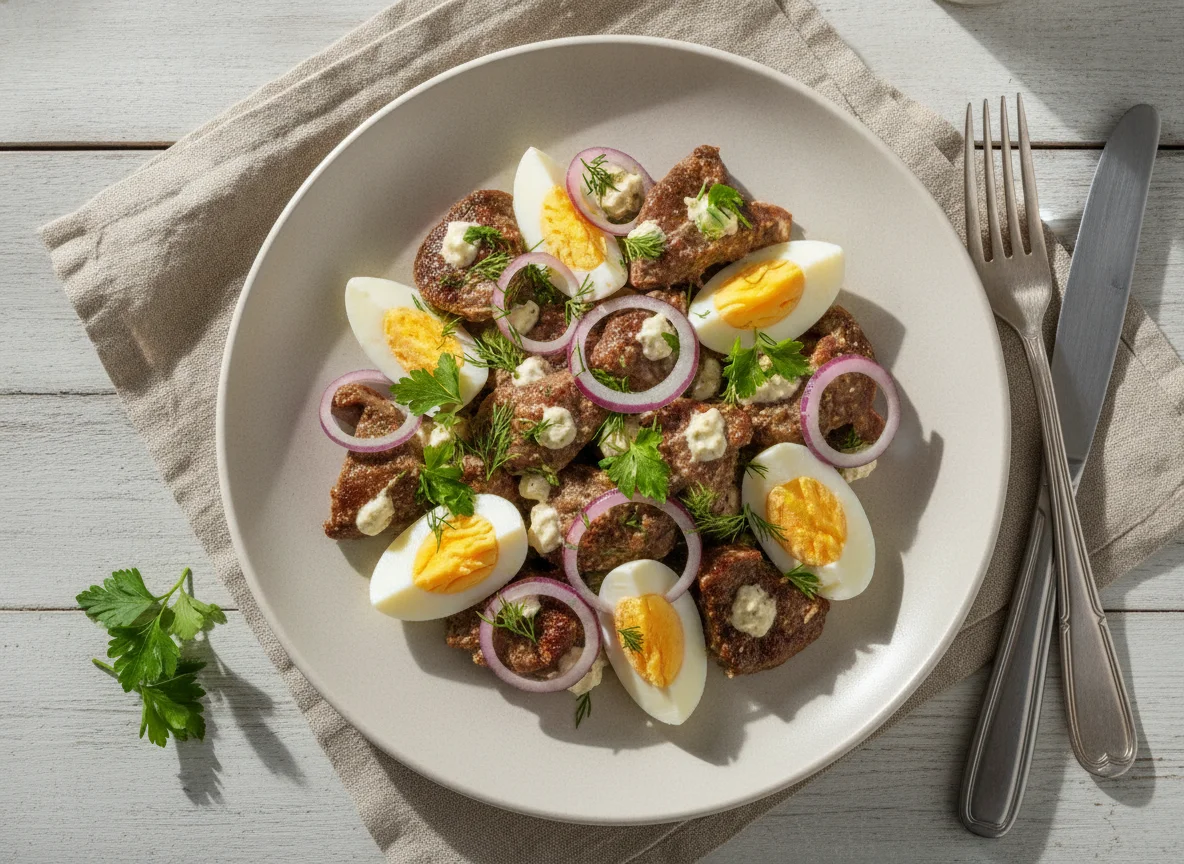 Салат с печенью, яйцом и красным луком photo
