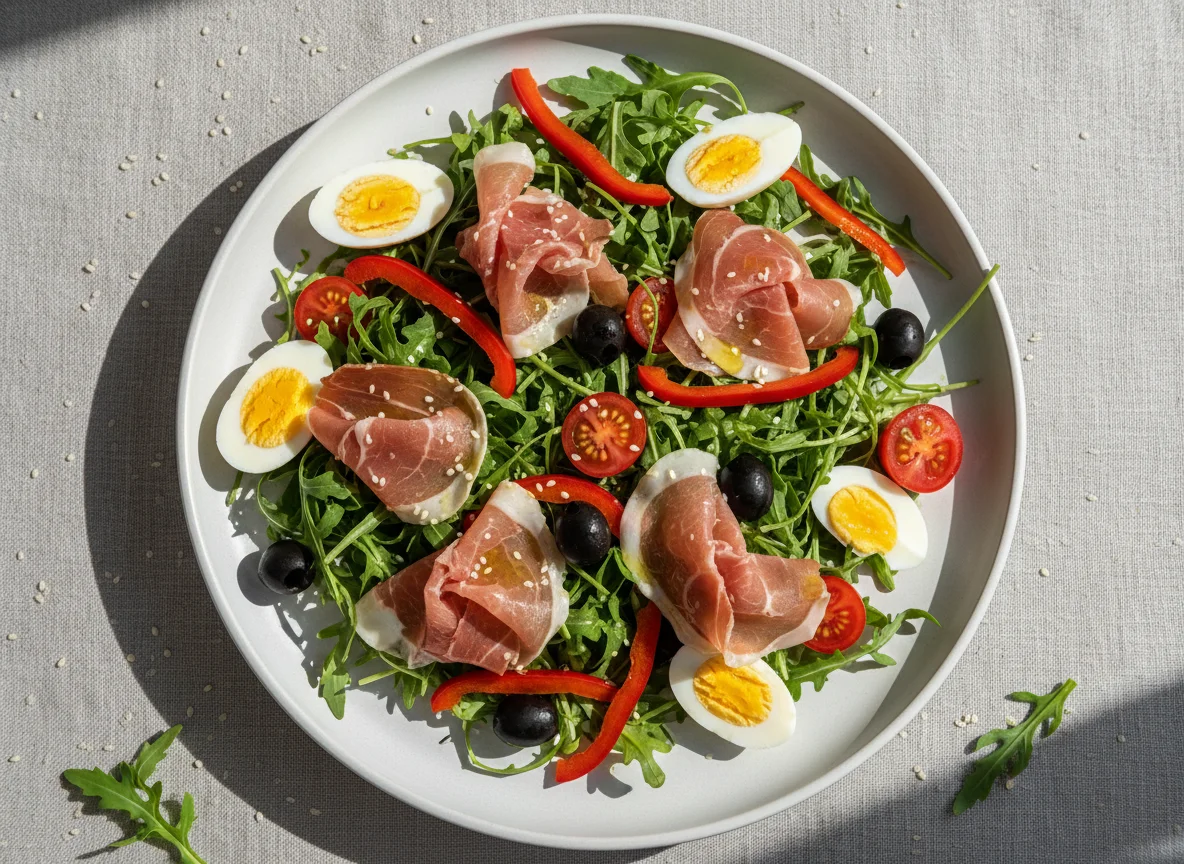 Салат с прошутто, яйцом и овощами photo