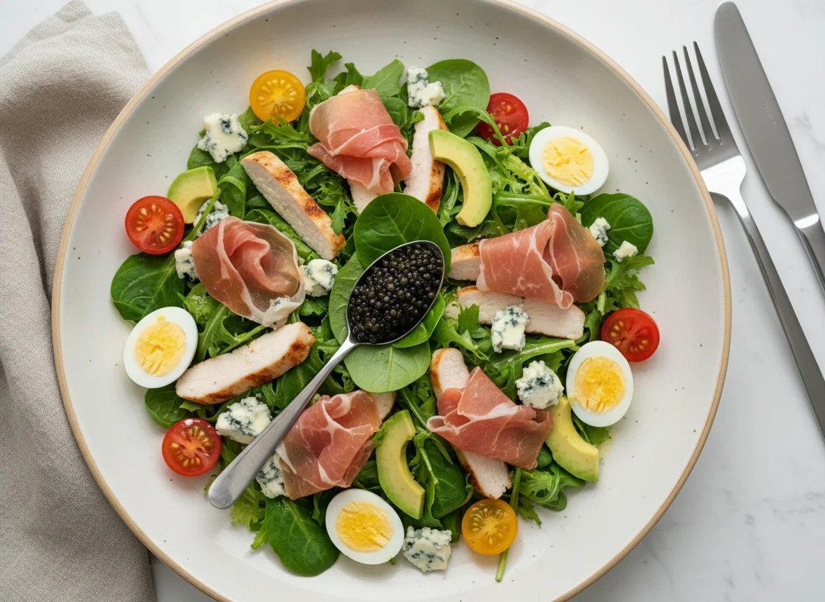 Салат с прошутто, курицей, сыром дорблю, авокадо и перепелиными яйцами photo