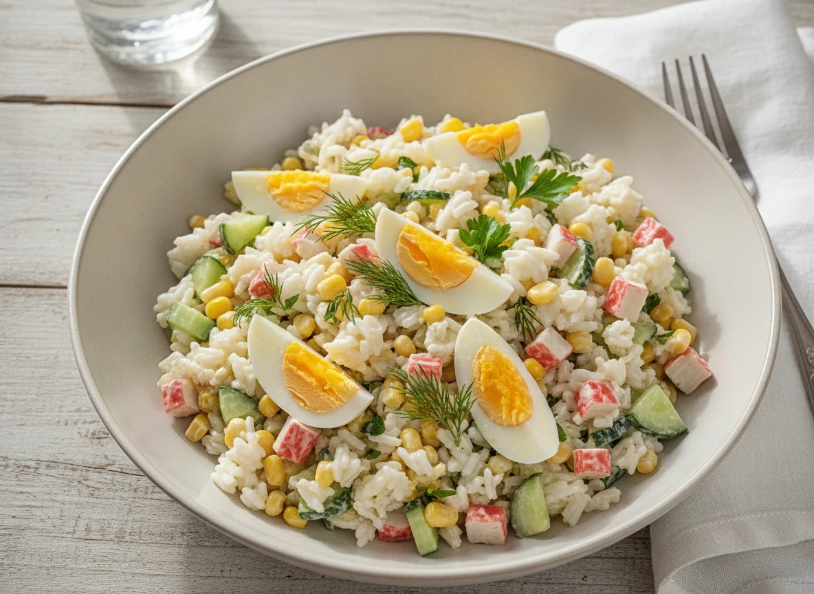 Салат с рисом и крабовыми палочками photo