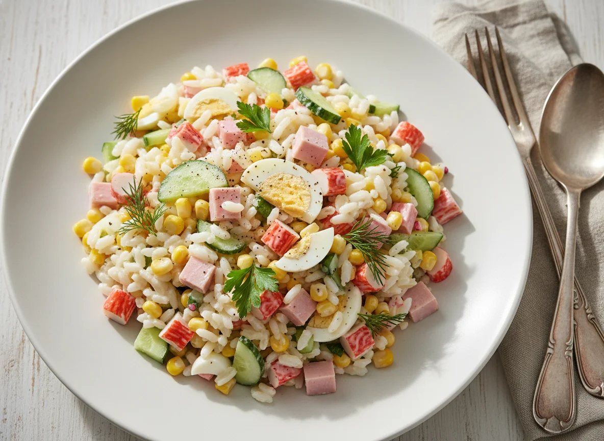 Салат с рисом, крабовыми палочками и кукурузой photo