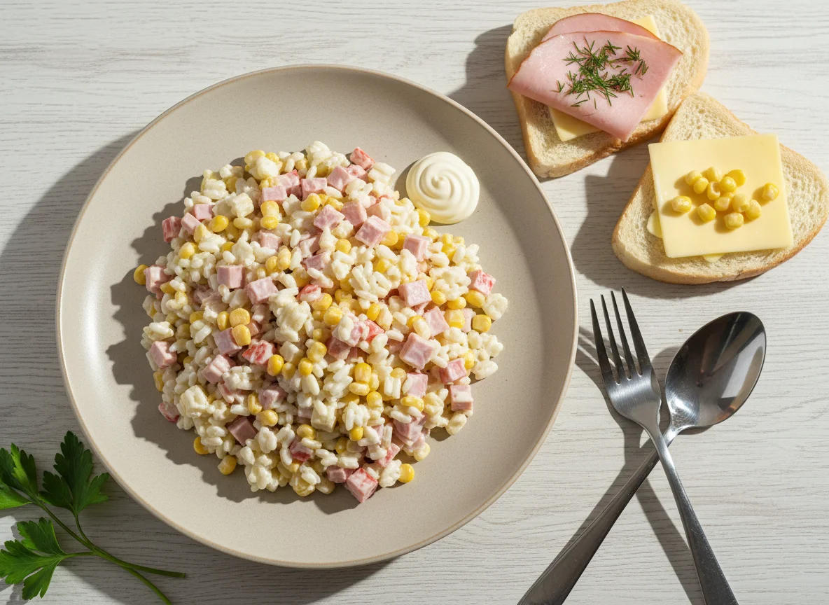 Салат с рисом, кукурузой и ветчиной с бутербродами photo