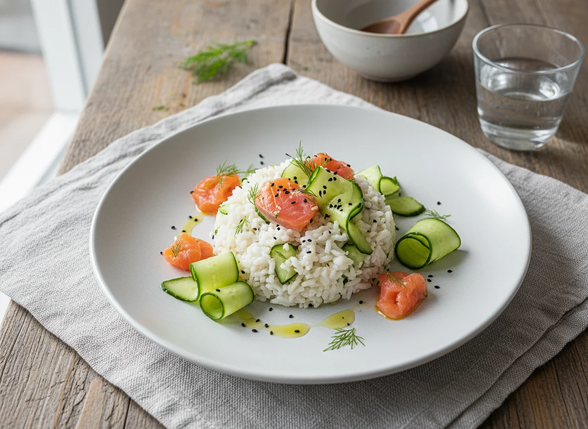Салат с рисом, огурцом и лососем photo