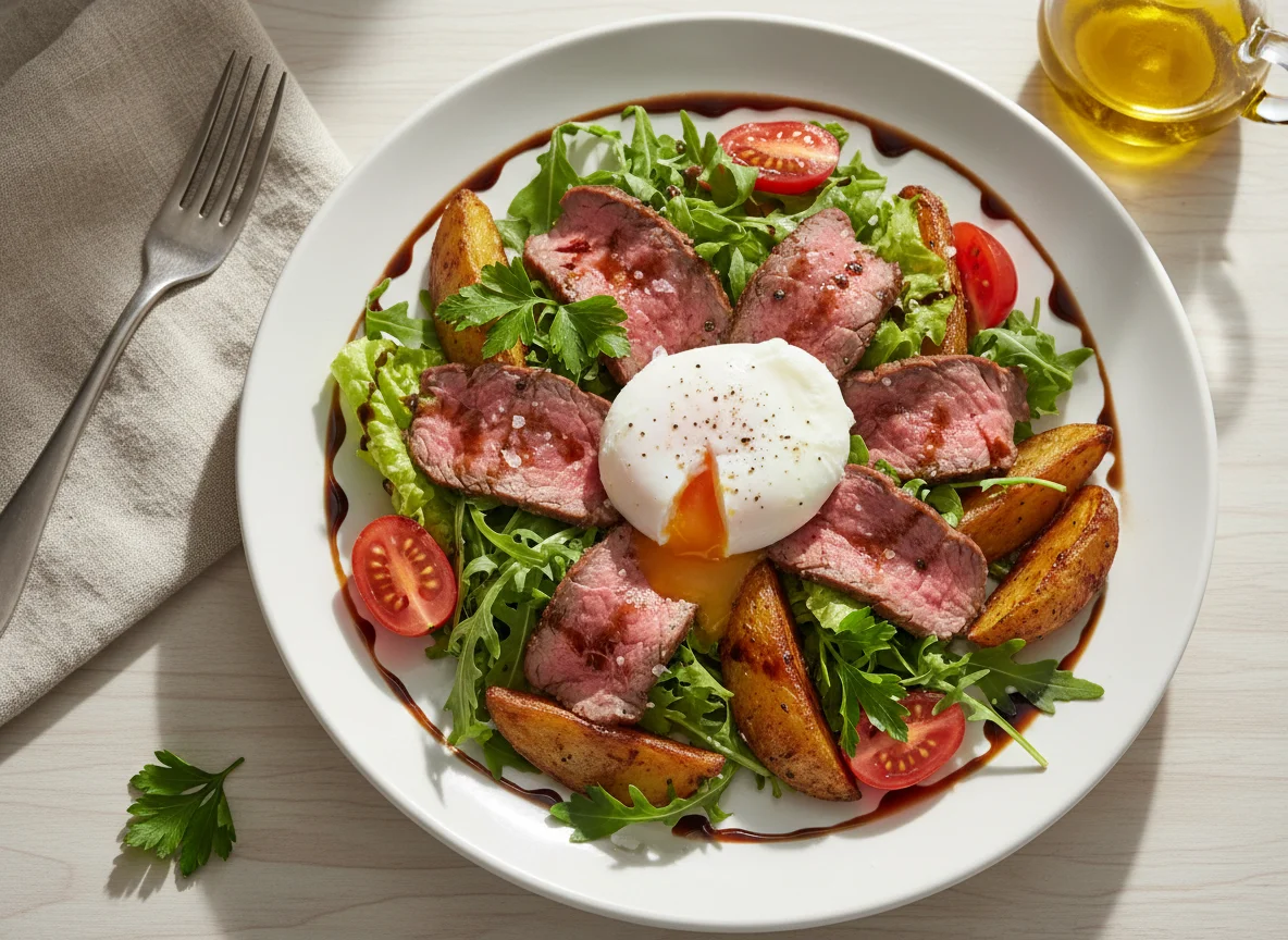 Салат с ростбифом и яйцом пашот photo