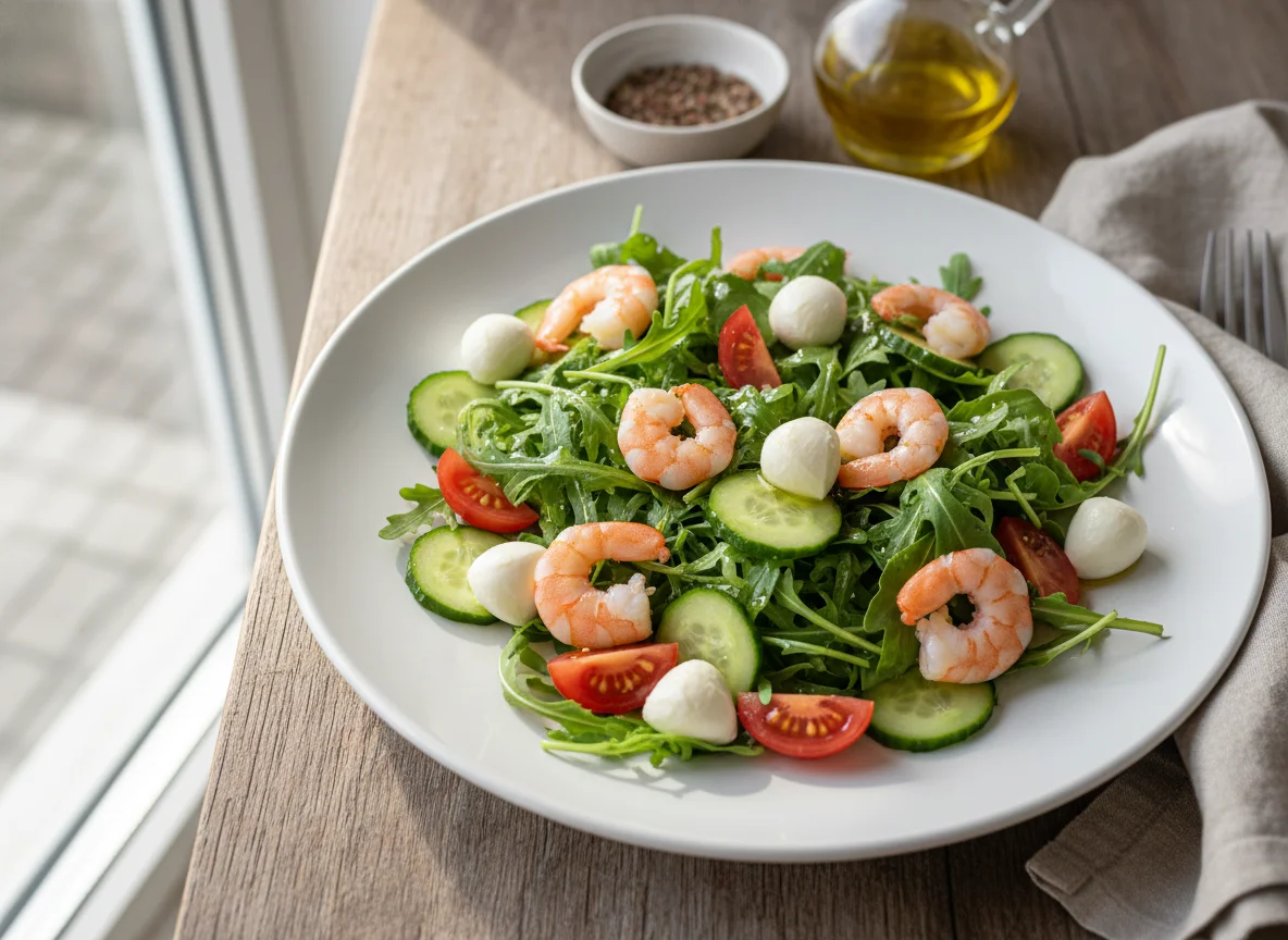 Салат с рукколой, моцареллой и креветками photo