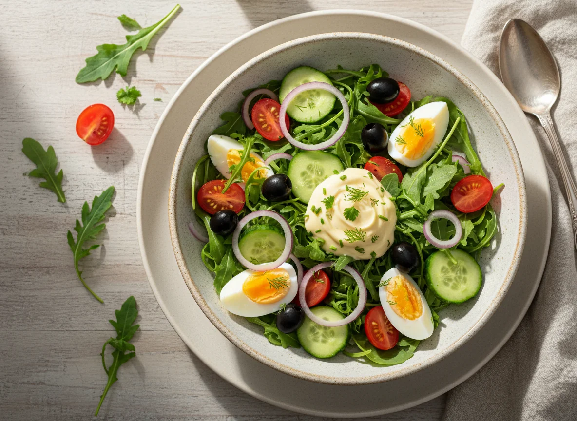 Салат с рукколой, овощами и яйцом photo