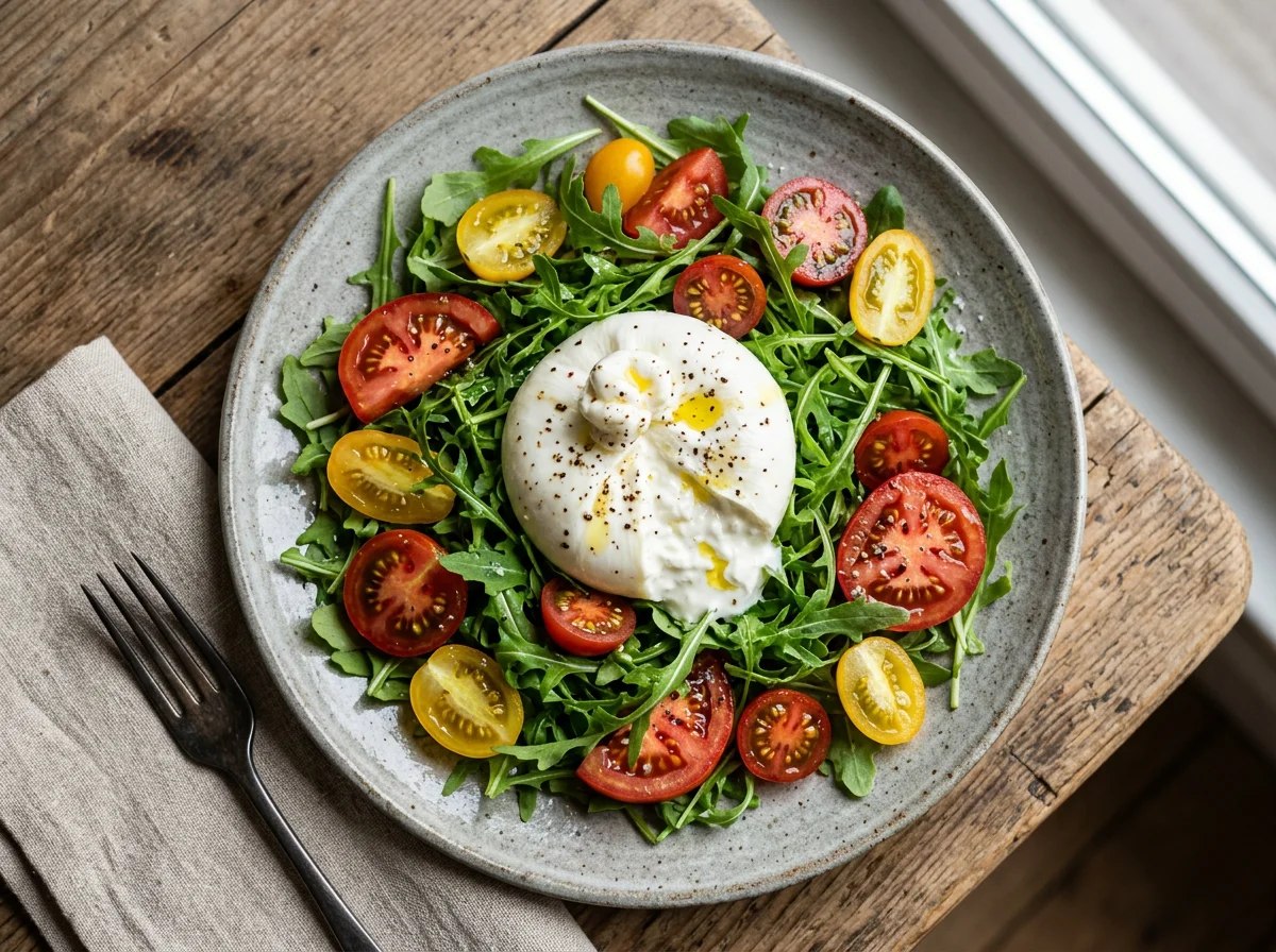 Салат с рукколой, помидорами и бурратой photo