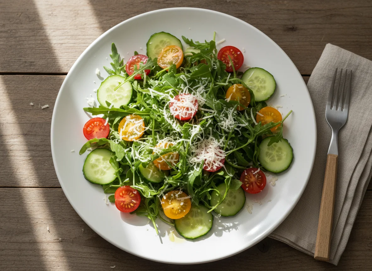 Салат с рукколой, помидорами, огурцами и сыром photo
