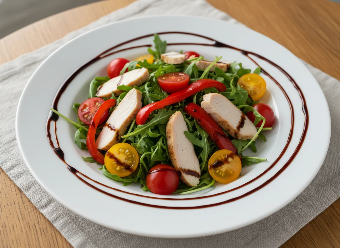 Салат с рукколой, помидорами, перцем и курицей photo