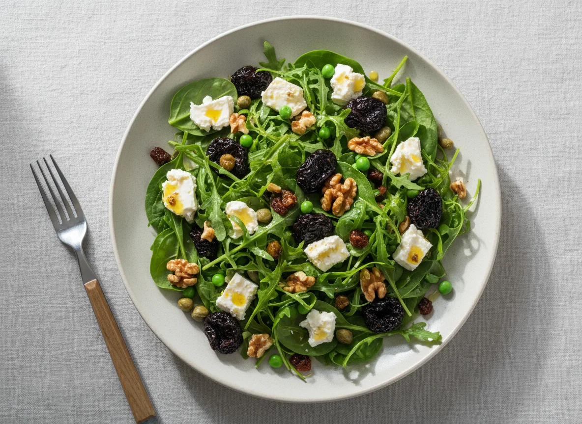 Салат с рукколой, шпинатом, фетой, орехами и сухофруктами photo