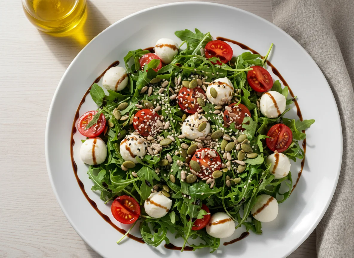Салат с рукколой, томатами, моцареллой и семечками photo
