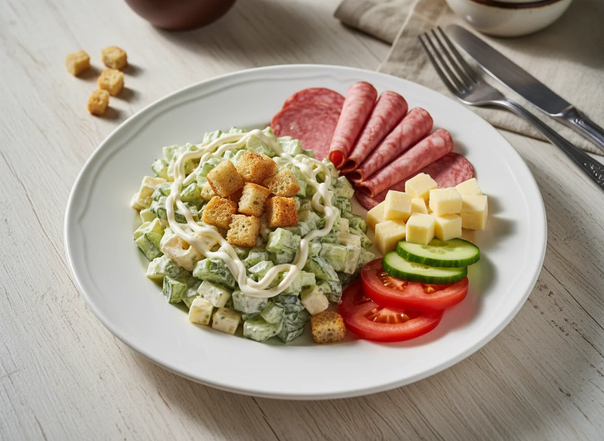 Салат с сухариками и овощной нарезкой photo