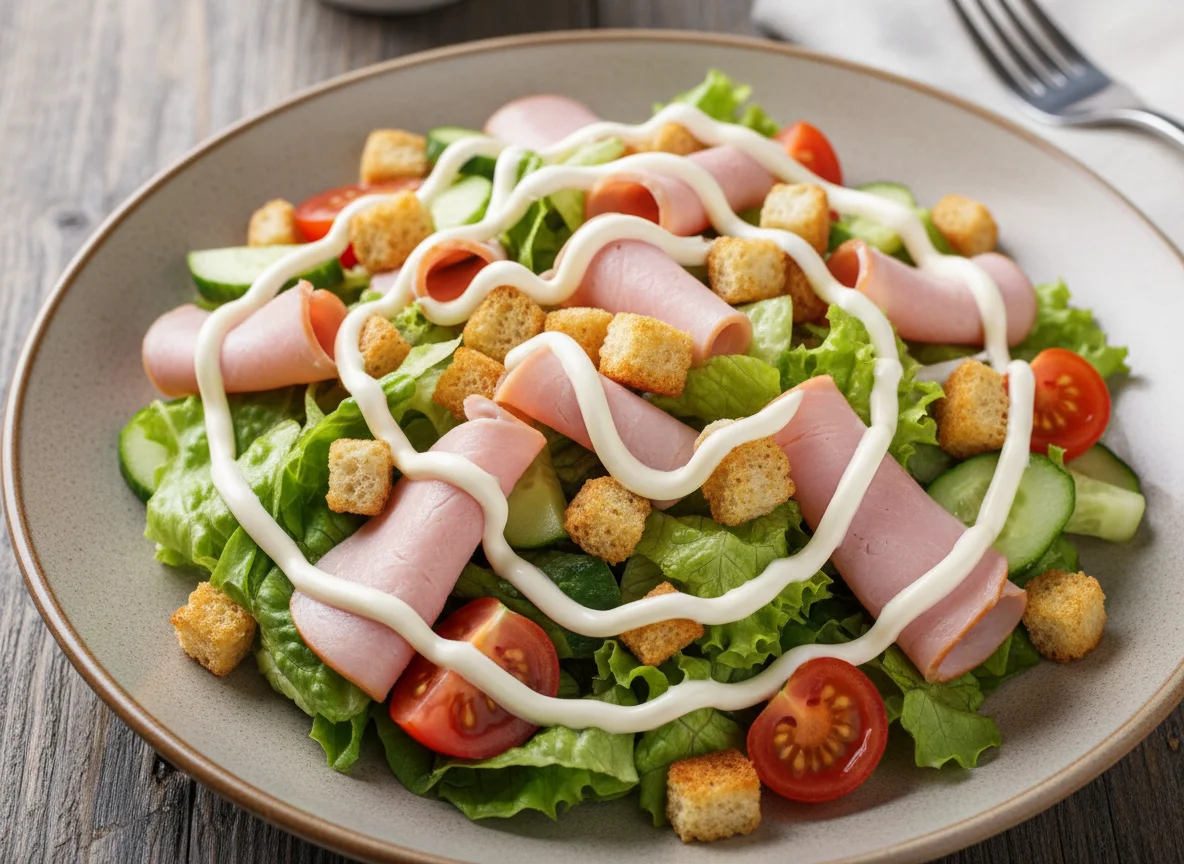 Салат с сухариками и ветчиной photo