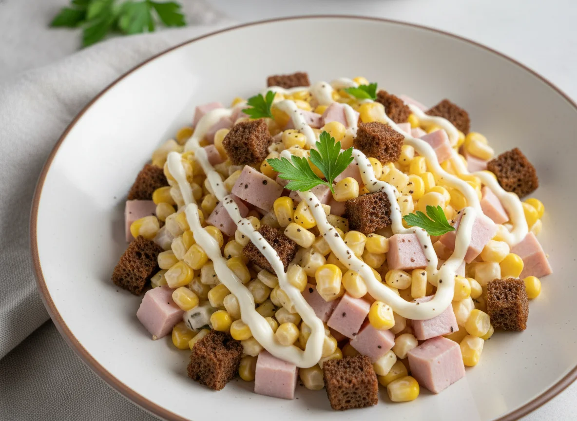Салат с сухариками, ветчиной и кукурузой photo