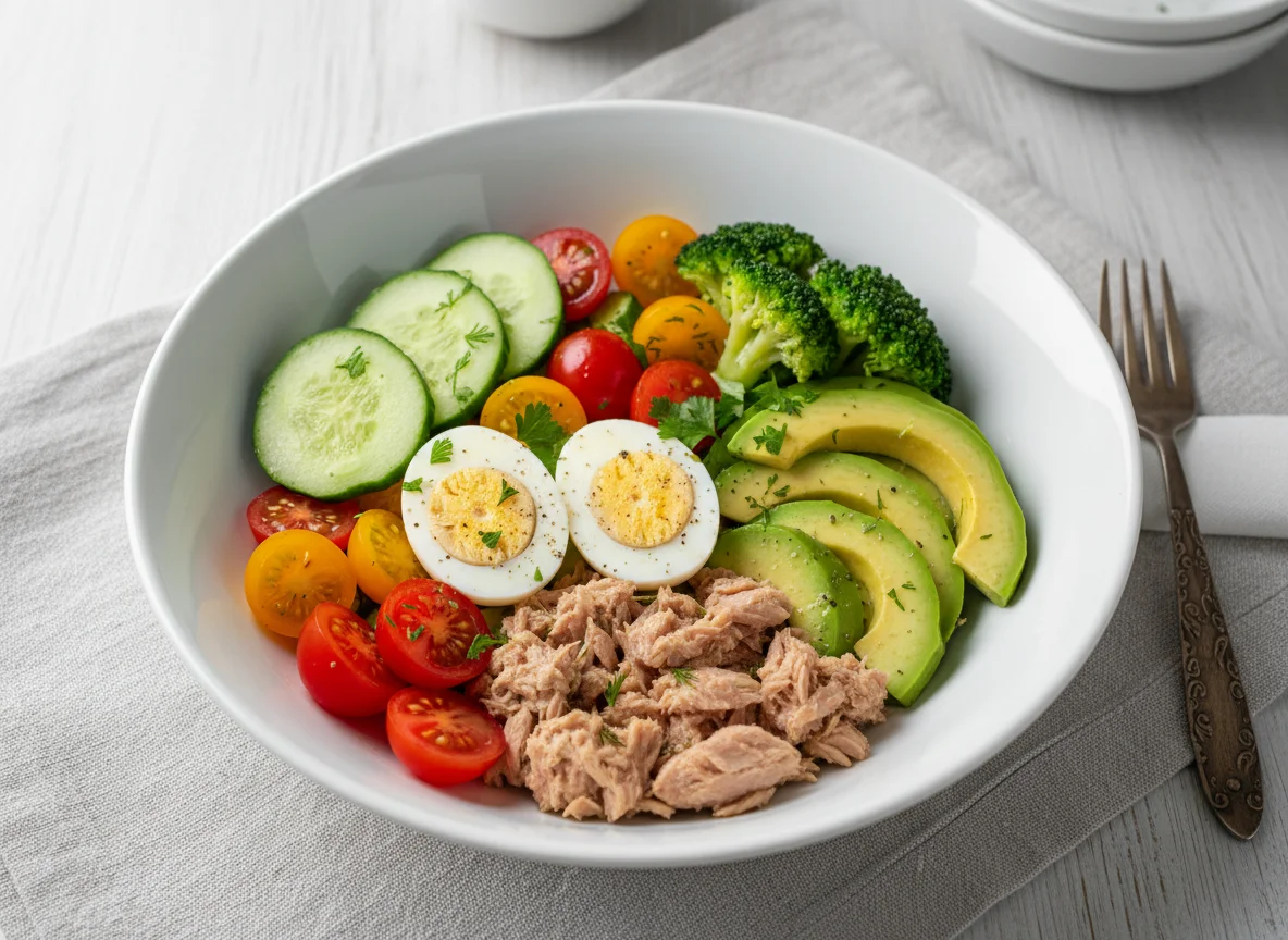 Салат с тунцом, яйцами и овощами photo