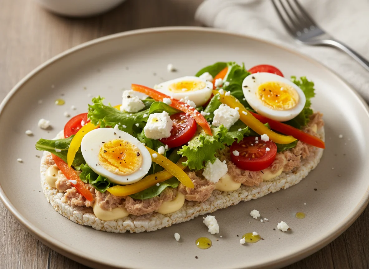 Салат с тунцом, яйцом и фетой на рисовом хлебце photo