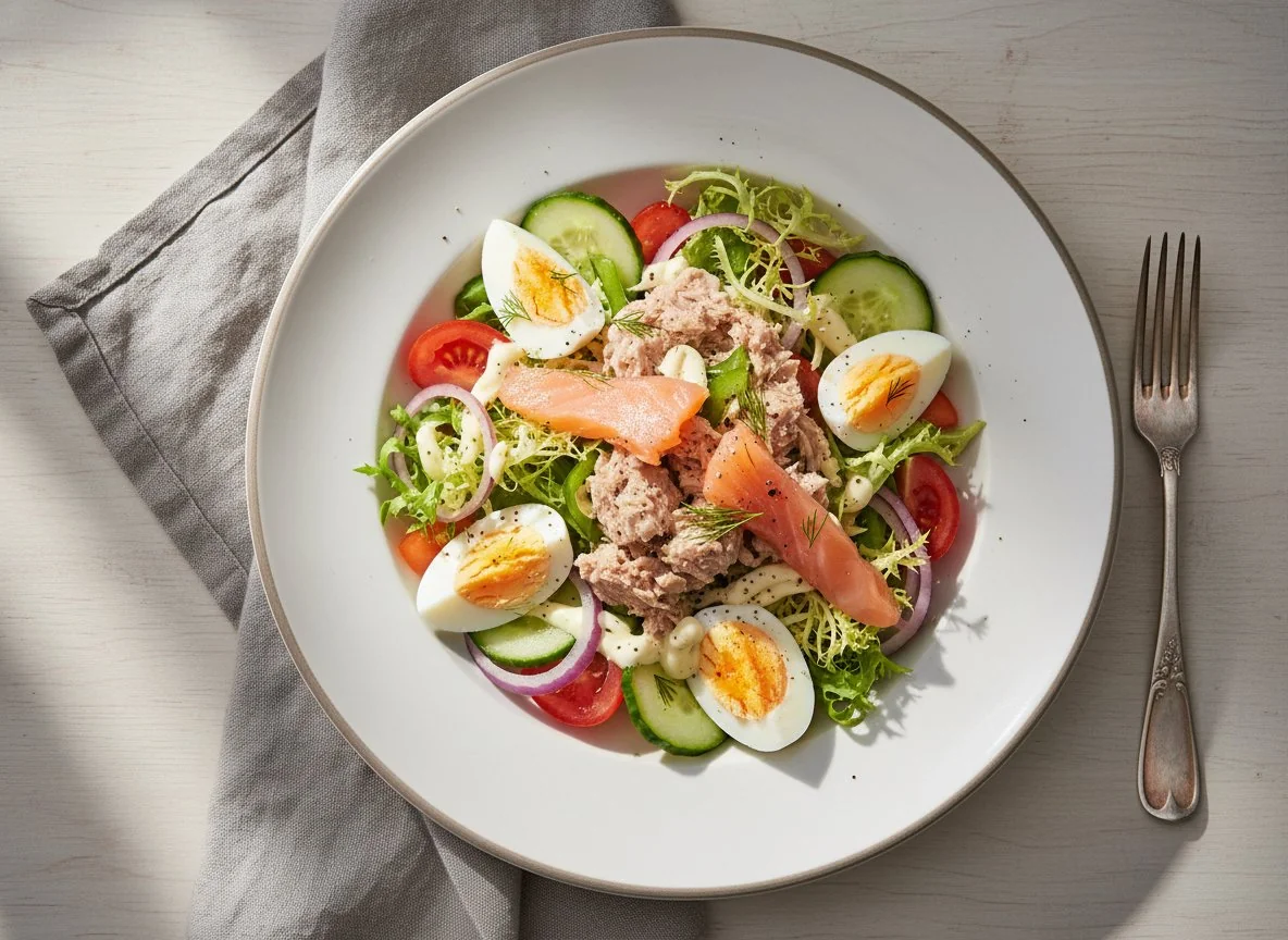 Салат с тунцом, яйцом и лососем photo