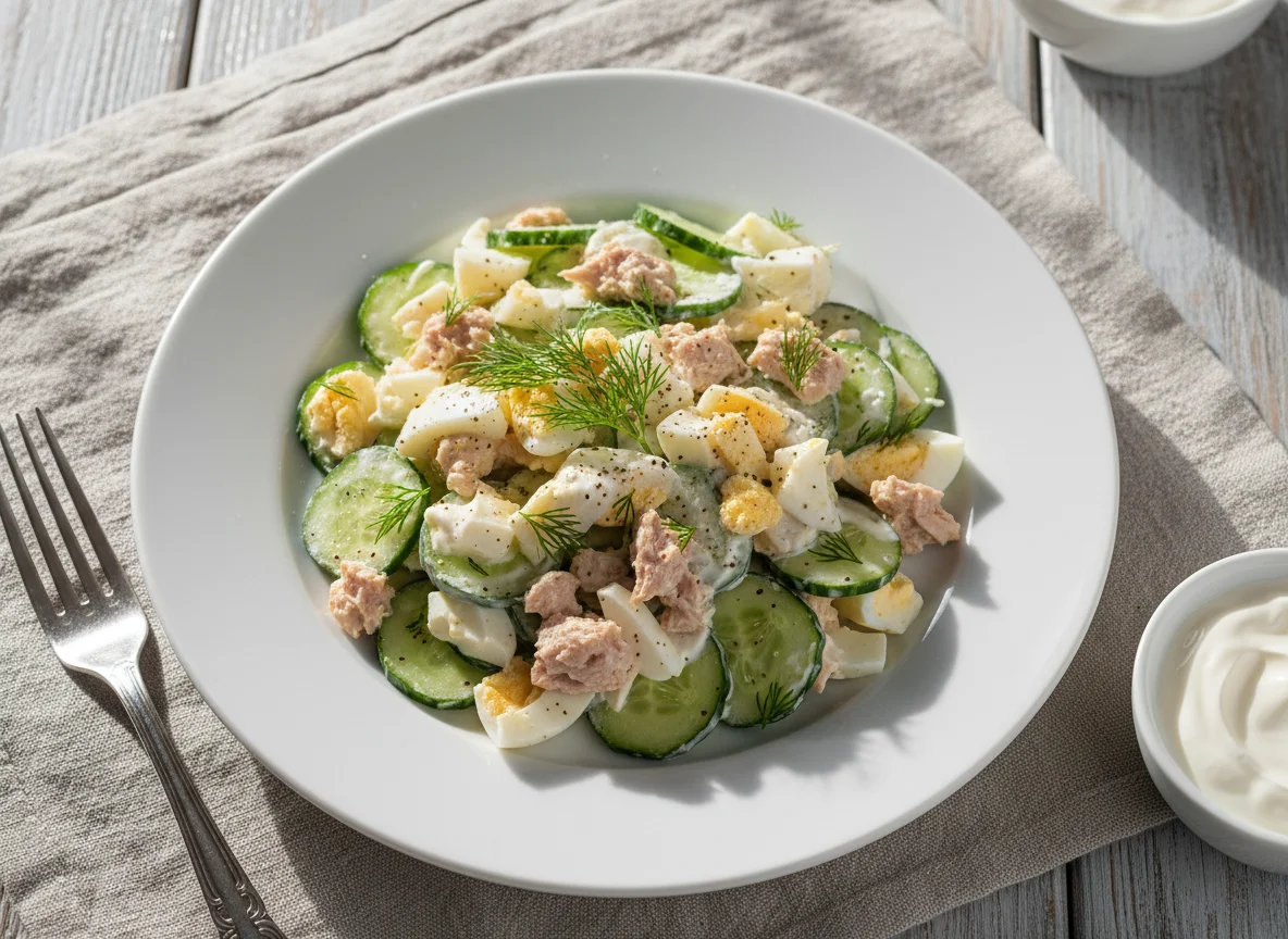 Салат с тунцом, яйцом и огурцом photo