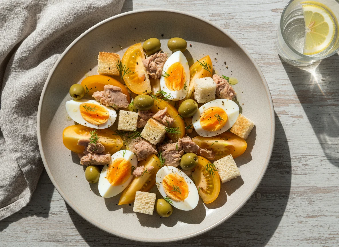 Салат с тунцом, яйцом и овощами photo