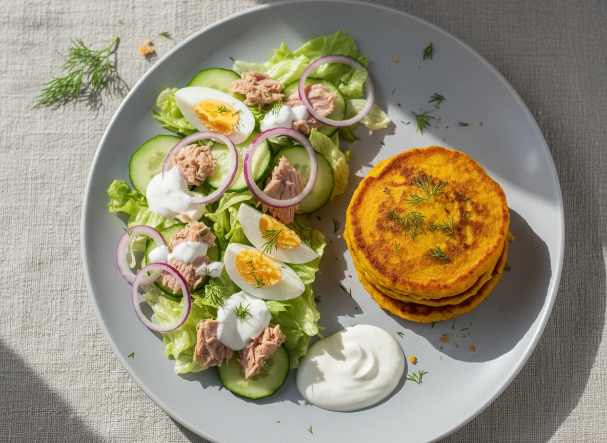 Салат с тунцом, яйцом и овощами с оладьями из тыквы photo