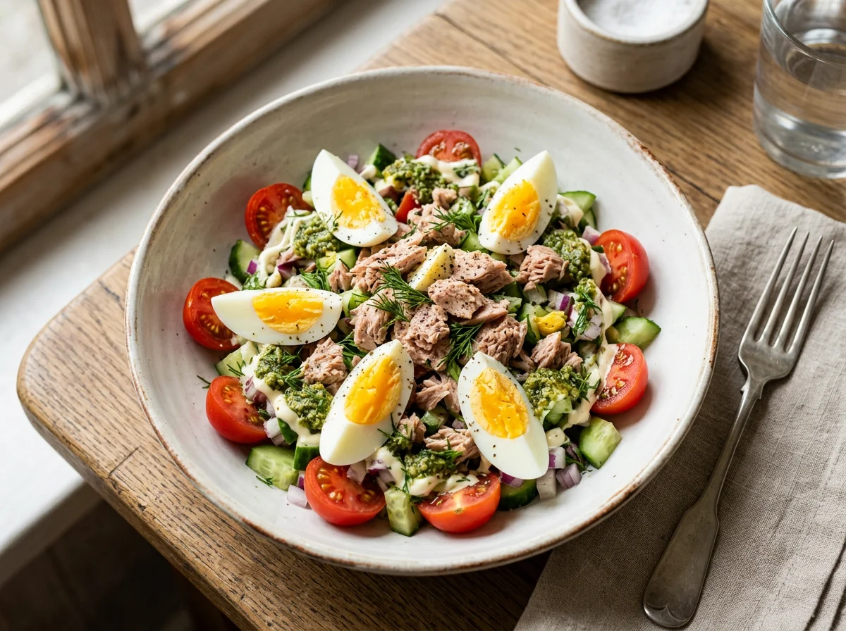 Салат с тунцом, яйцом и помидорами photo