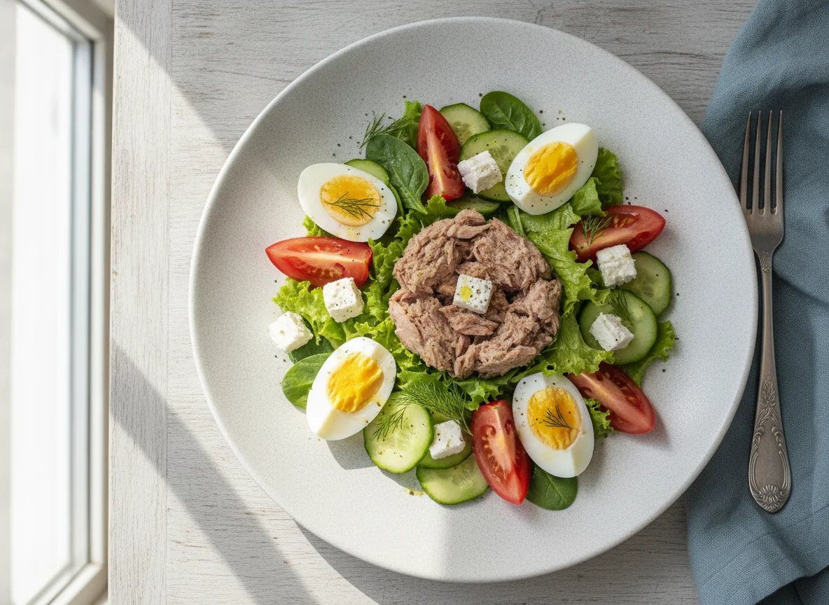 Салат с тунцом, яйцом и сыром фета photo