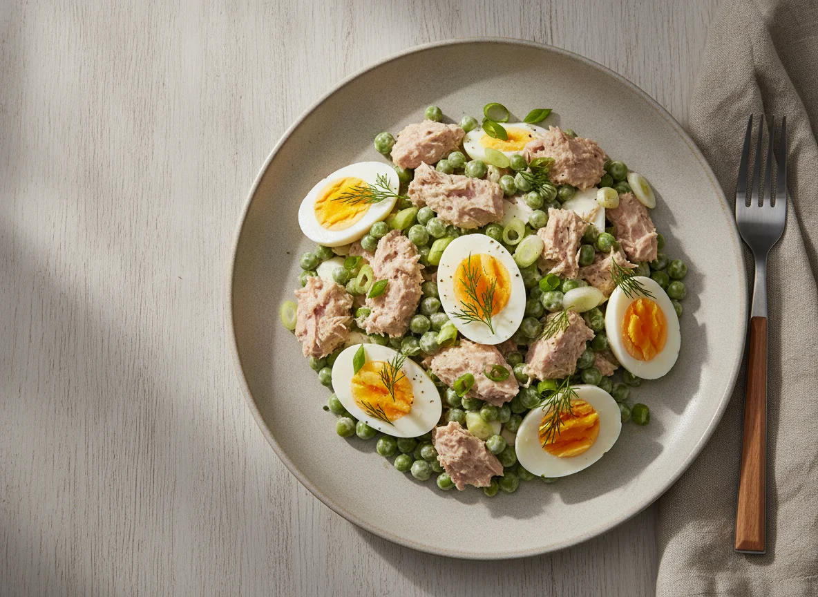 Салат с тунцом, яйцом и зеленым горошком photo