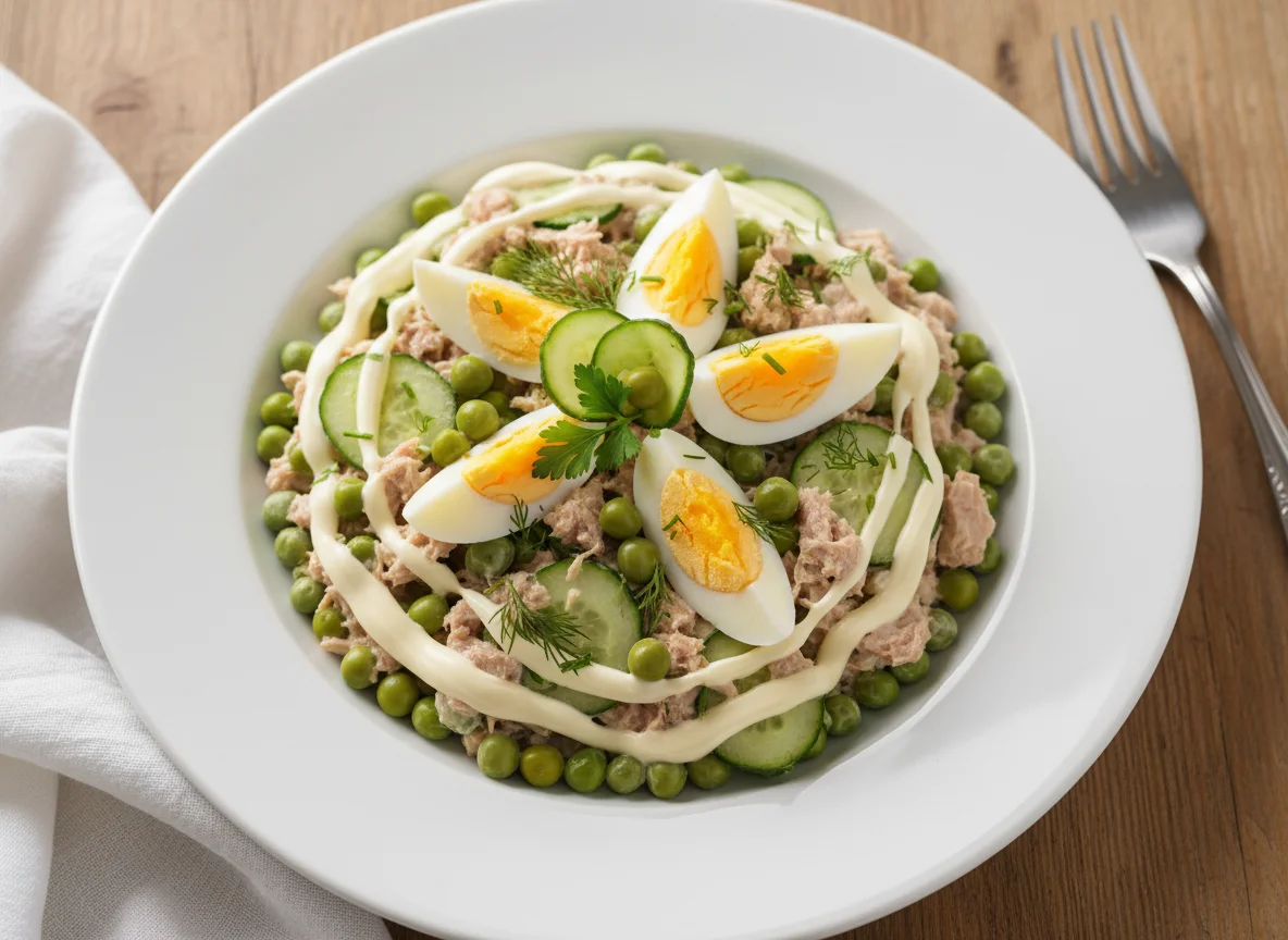 Салат с тунцом, горошком и огурцом photo