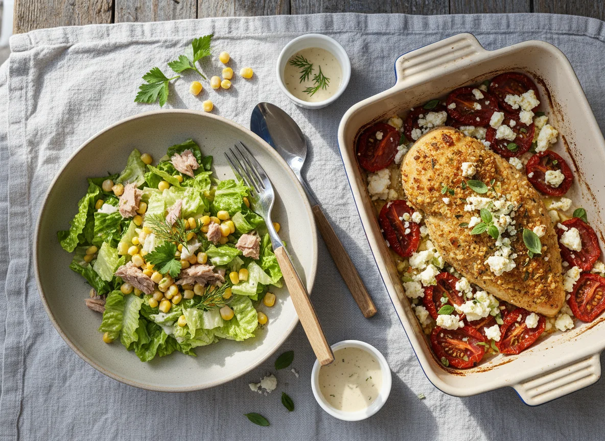 Салат с тунцом и кукурузой и запеченное блюдо с помидорами photo