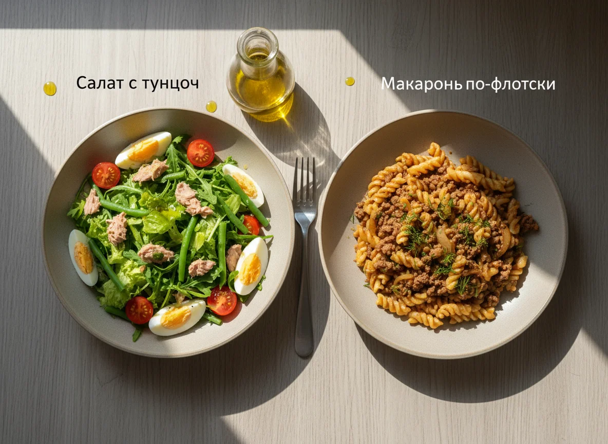 Салат с тунцом и Макароны по-флотски photo