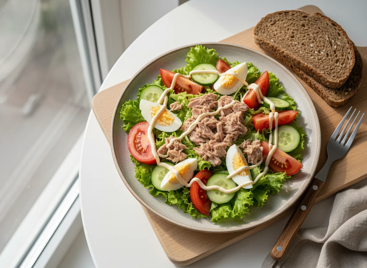 Салат с тунцом и овощами с хлебом photo