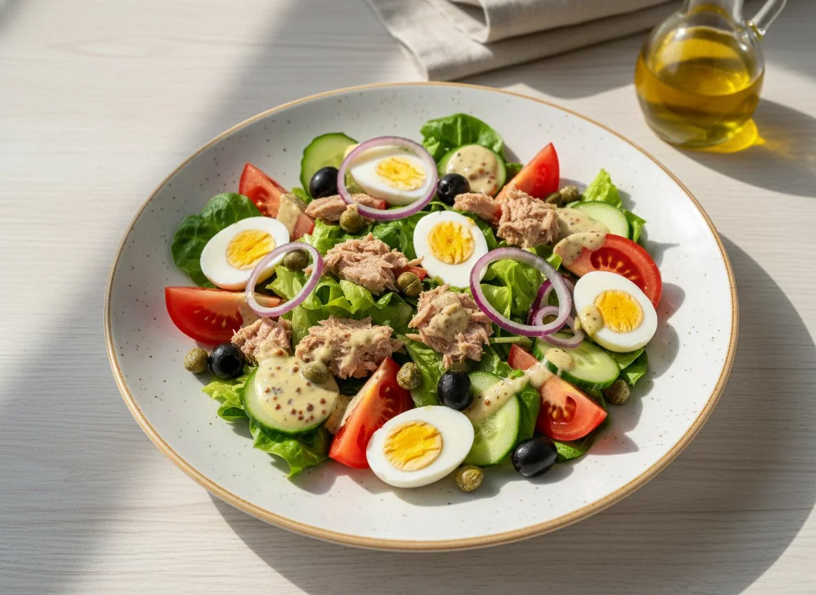 Салат с тунцом и перепелиными яйцами photo