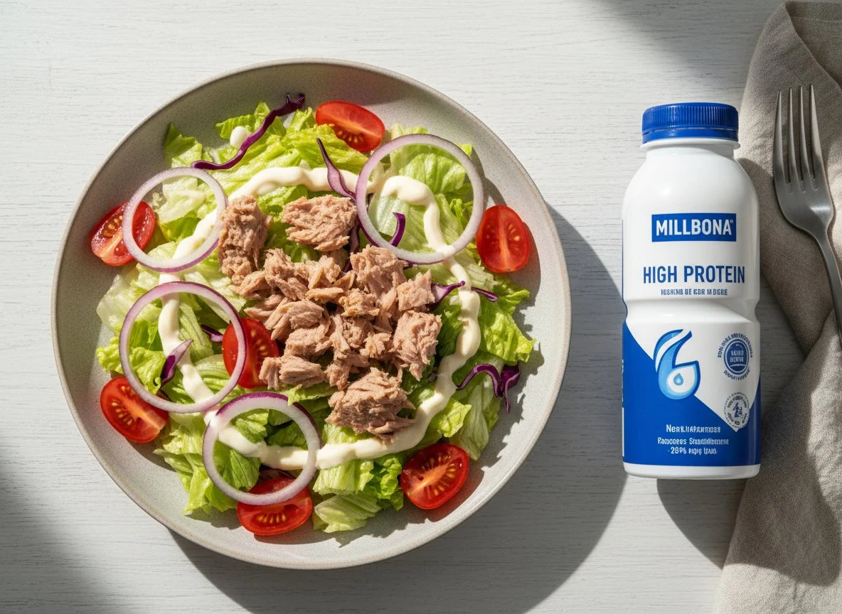 Салат с тунцом и протеиновый напиток photo
